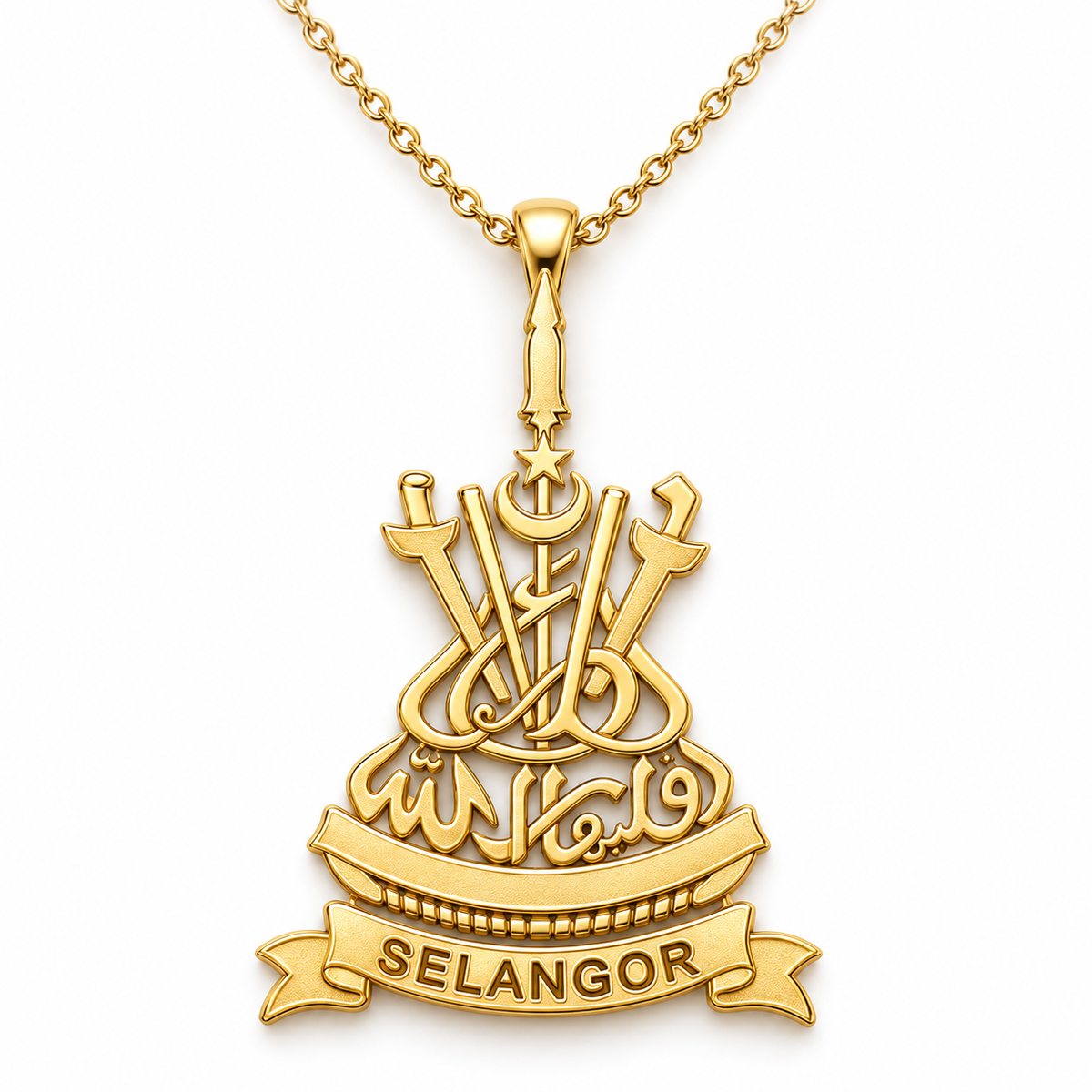 Selangor Emblem Pendant — front, yellow gold; any chain shown is an optional styling accessory