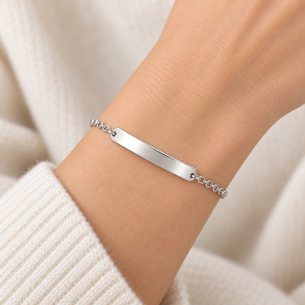 [metal:all] Selene ID Bracelet — worn — Human-worn styling illustration [catalog-v4]