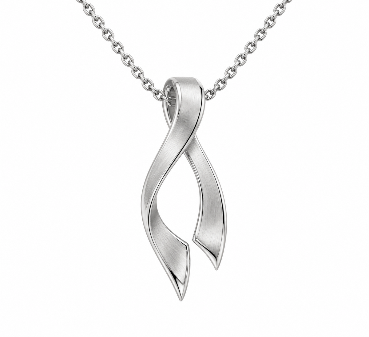 [metal:white-gold] Seren Ribbon Pendant — front — small folded ribbon pendant with satin surfaces and polished edges, fine cable chain, no stones, front view [catalog-v4]