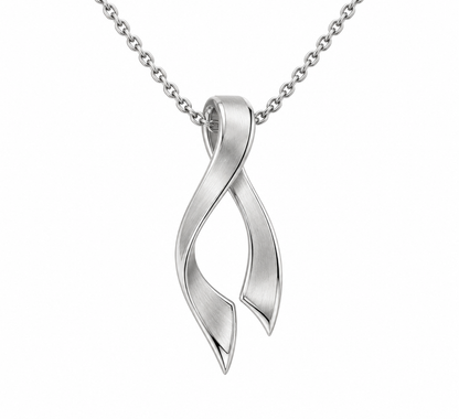 [metal:white-gold] Seren Ribbon Pendant — front — small folded ribbon pendant with satin surfaces and polished edges, fine cable chain, no stones, front view [catalog-v4]