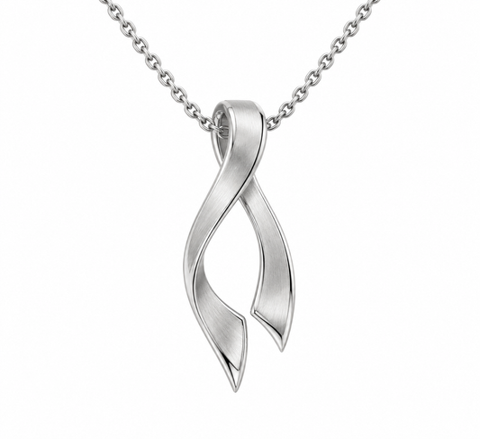 [metal:white-gold] Seren Ribbon Pendant — front — small folded ribbon pendant with satin surfaces and polished edges, fine cable chain, no stones, front view [catalog-v4]; any chain shown is an optional styling accessory