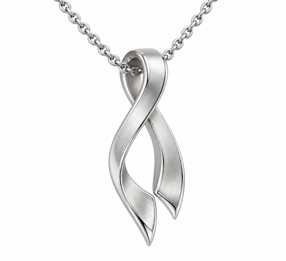 [metal:white-gold] Seren Ribbon Pendant — three-quarter — small folded ribbon pendant with satin surfaces and polished edges, fine cable chain, no stones, three-quarter view [catalog-v4]