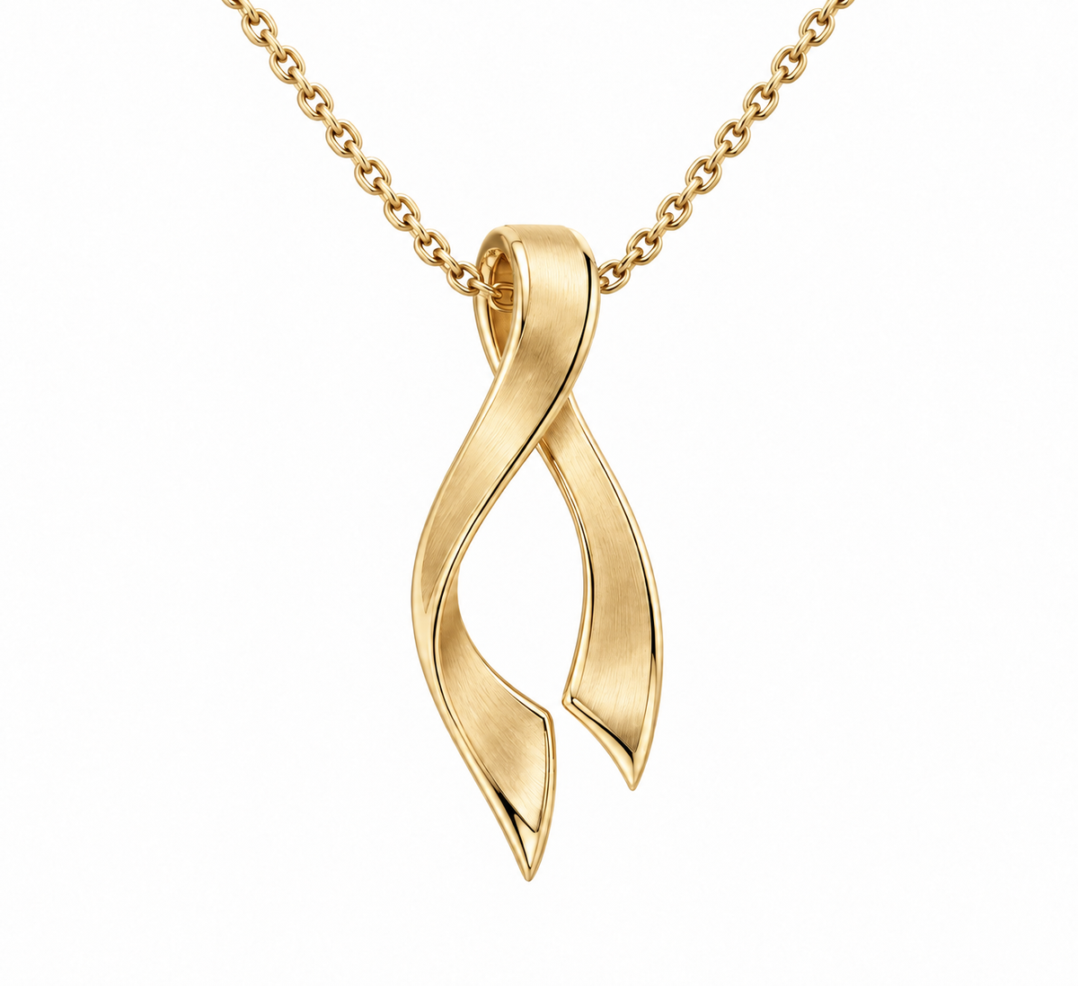 [metal:yellow-gold] Seren Ribbon Pendant — front — small folded ribbon pendant with satin surfaces and polished edges, fine cable chain, no stones, front view [catalog-v4]