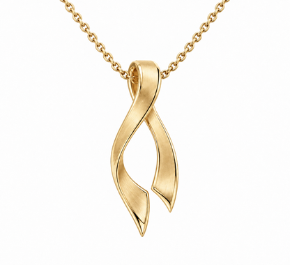 [metal:yellow-gold] Seren Ribbon Pendant — front — small folded ribbon pendant with satin surfaces and polished edges, fine cable chain, no stones, front view [catalog-v4]
