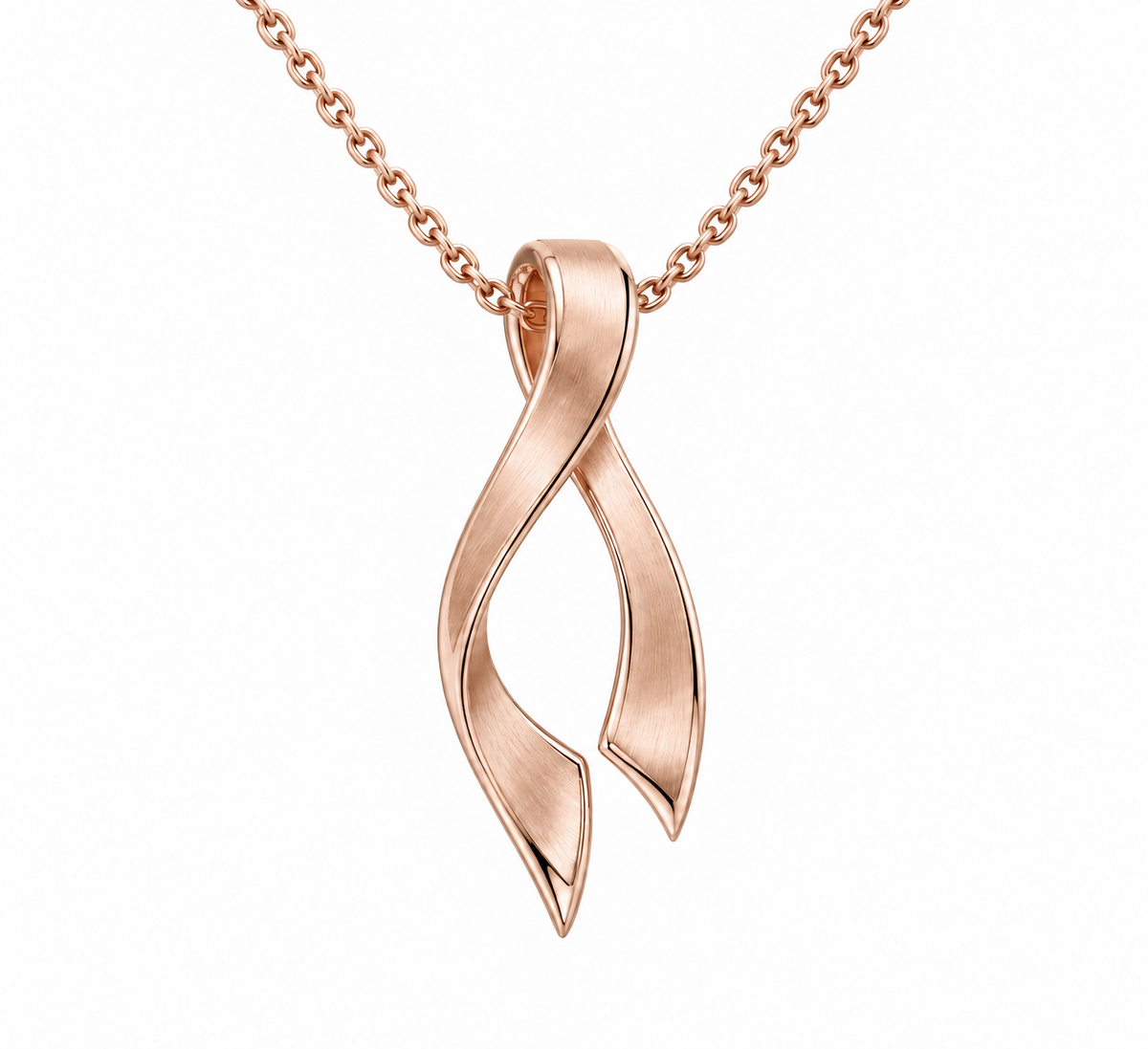 [metal:rose-gold] Seren Ribbon Pendant — front — small folded ribbon pendant with satin surfaces and polished edges, fine cable chain, no stones, front view [catalog-v4]