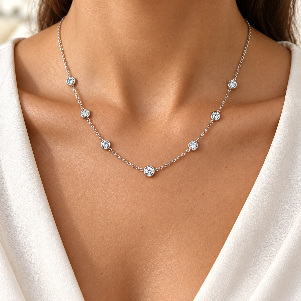 [metal:all] Serenade Station Necklace — worn — Human-worn styling illustration [catalog-v4]