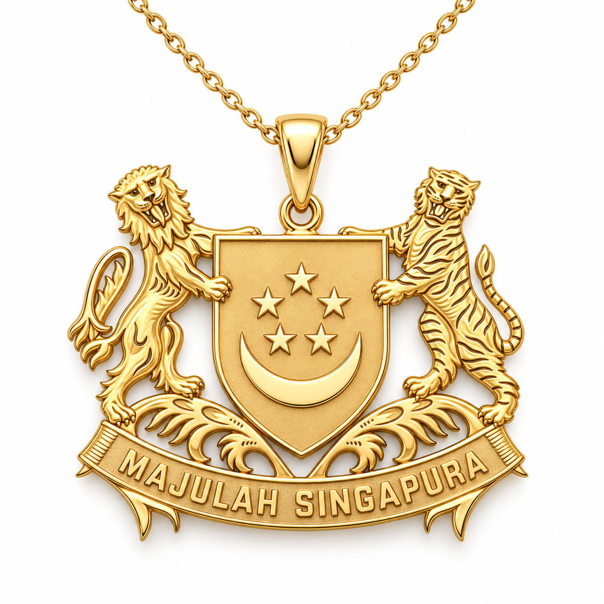 Singapore Emblem Pendant — front, yellow gold; any chain shown is an optional styling accessory