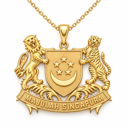 Singapore Emblem Pendant — front, yellow gold; any chain shown is an optional styling accessory