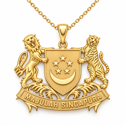 Singapore Emblem Pendant — front, yellow gold; any chain shown is an optional styling accessory