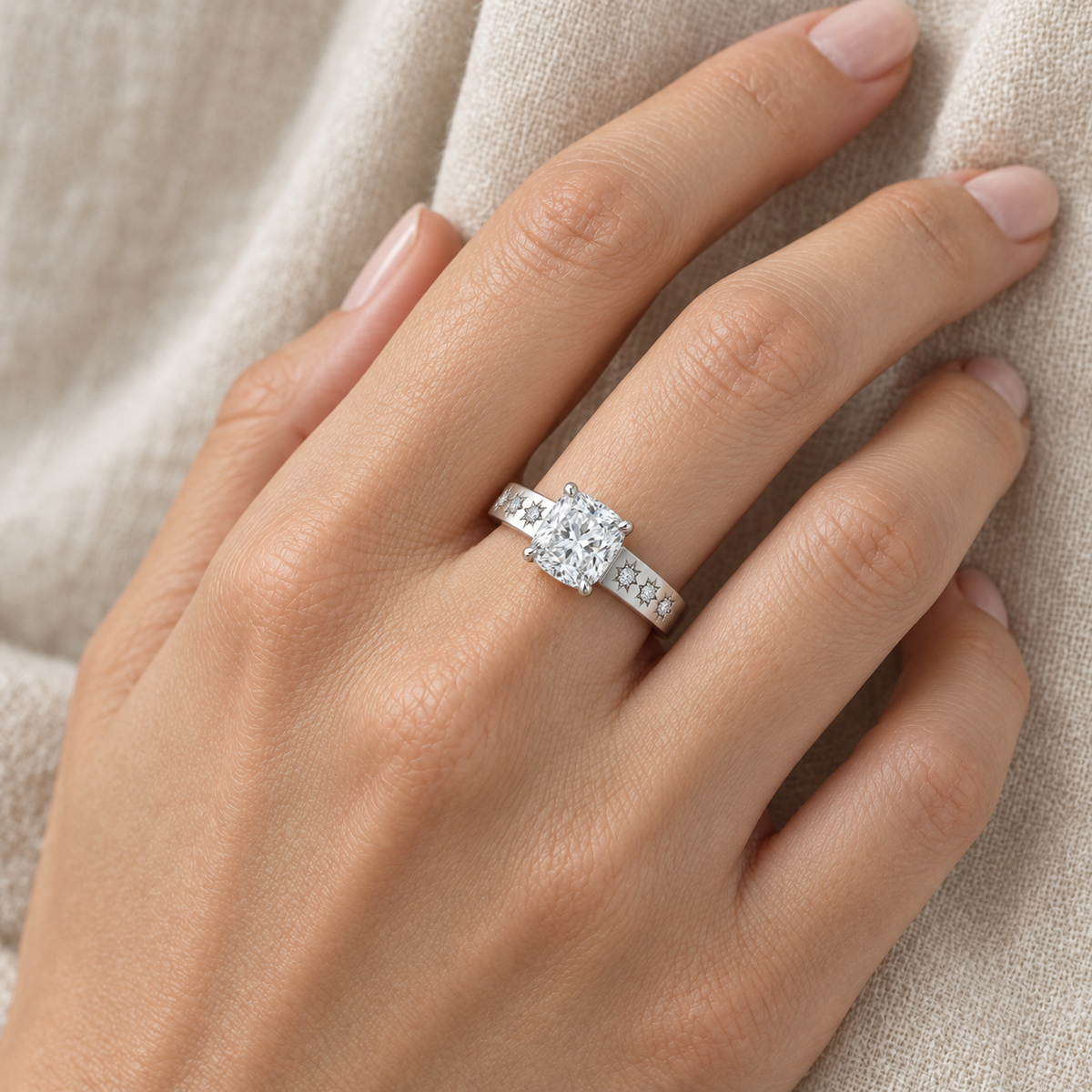 [metal:all] Solara Stargrain Pavé Setting — worn — Human-worn styling illustration; proportions are not calibrated [catalog-v4]