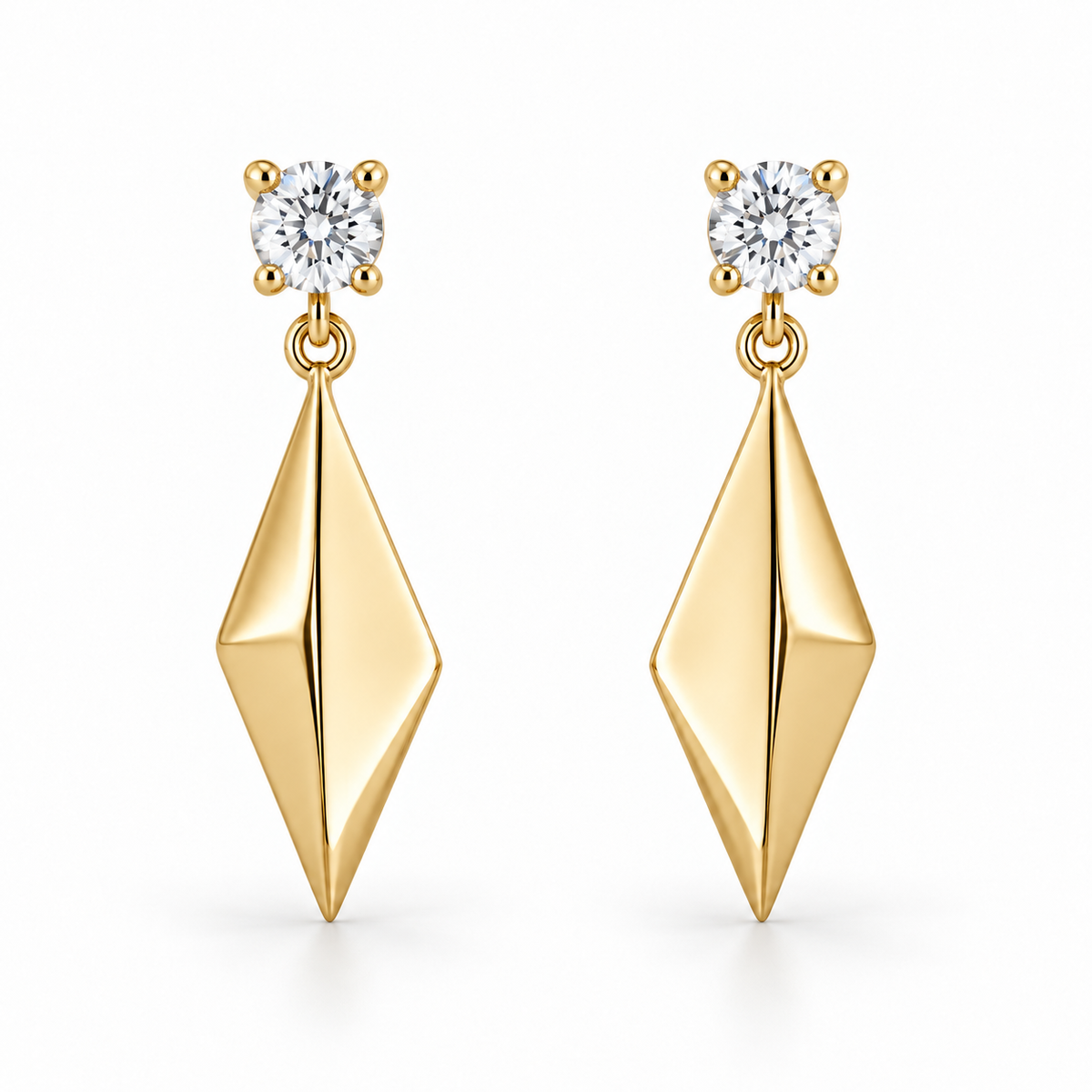 [metal:yellow-gold] Solivelle Kite Drop Earrings — front — Matching pair: each earring has one small round diamond stud in a four-claw basket, one tiny articulating jump ring and one solid polished asymmetric kite-shaped metal drop with a single folded central ridge. No diamonds on kite. Straight post and butterfly back. [catalog-v4]