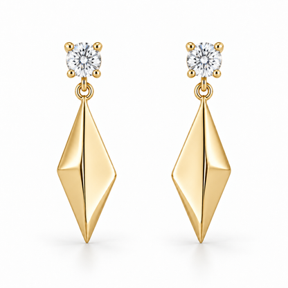[metal:yellow-gold] Solivelle Kite Drop Earrings — front — Matching pair: each earring has one small round diamond stud in a four-claw basket, one tiny articulating jump ring and one solid polished asymmetric kite-shaped metal drop with a single folded central ridge. No diamonds on kite. Straight post and butterfly back. [catalog-v4]
