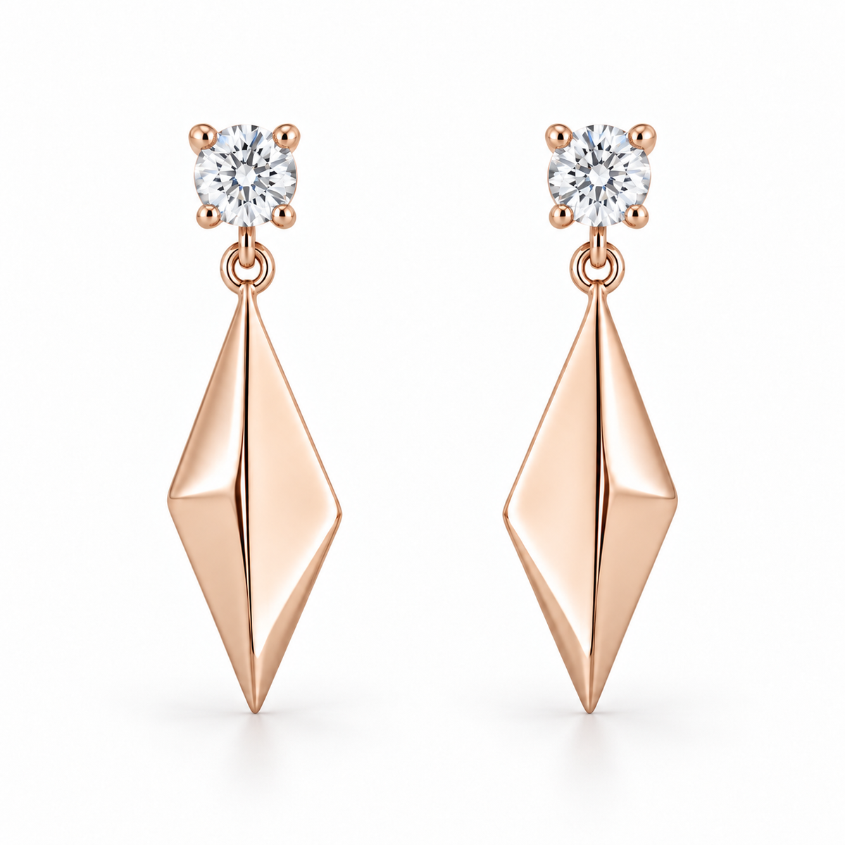 [metal:rose-gold] Solivelle Kite Drop Earrings — front — Matching pair: each earring has one small round diamond stud in a four-claw basket, one tiny articulating jump ring and one solid polished asymmetric kite-shaped metal drop with a single folded central ridge. No diamonds on kite. Straight post and butterfly back. [catalog-v4]