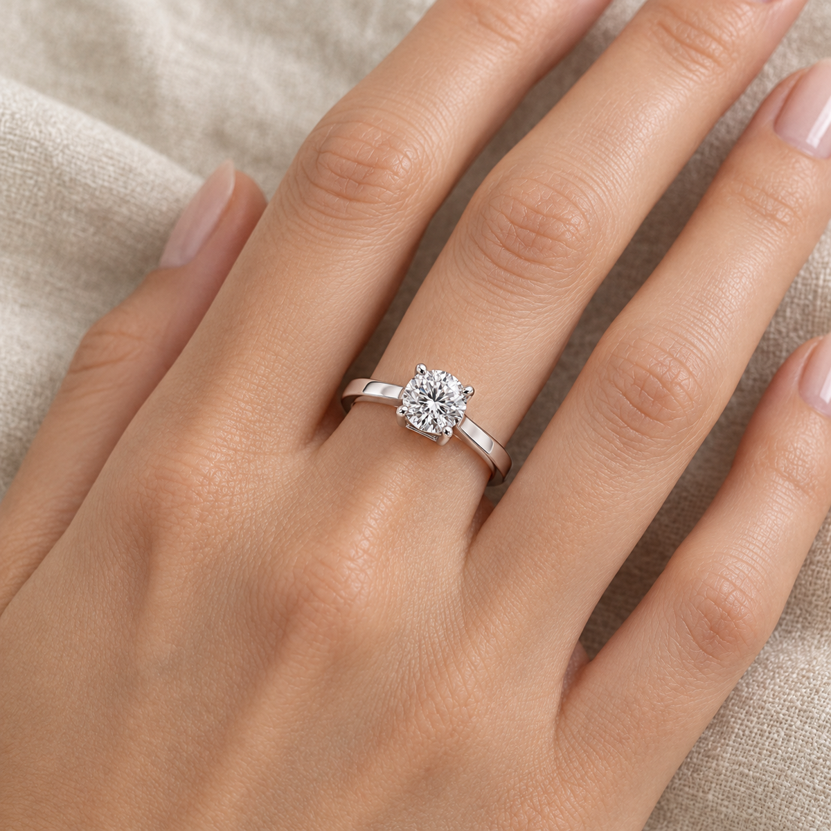 [metal:all] Sorelle Bridge Solitaire Setting — worn — Human-worn styling illustration; proportions are not calibrated [catalog-v4]