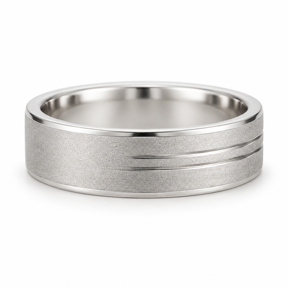 [metal:white-gold] Soren Sandblast Groove Band — front — broad matte sandblasted white gold band with two close parallel off-centre grooves near one edge, thin polished bevel borders no stones, front view [catalog-v4]