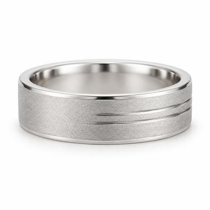 [metal:white-gold] Soren Sandblast Groove Band — front — broad matte sandblasted white gold band with two close parallel off-centre grooves near one edge, thin polished bevel borders no stones, front view [catalog-v4]