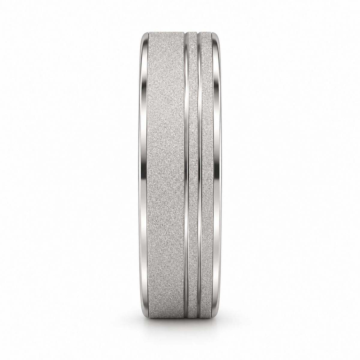 [metal:white-gold] Soren Sandblast Groove Band — side-profile — broad matte sandblasted white gold band with two close parallel off-centre grooves near one edge, thin polished bevel borders no stones, side-profile view [catalog-v4]