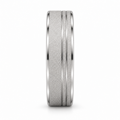 [metal:white-gold] Soren Sandblast Groove Band — side-profile — broad matte sandblasted white gold band with two close parallel off-centre grooves near one edge, thin polished bevel borders no stones, side-profile view [catalog-v4]