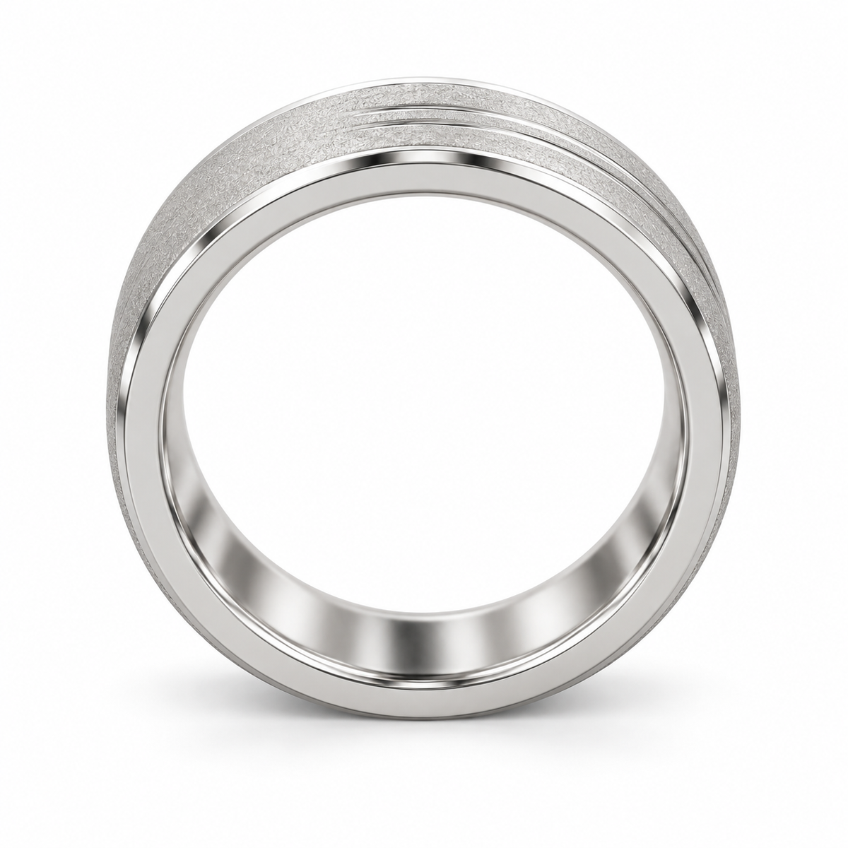 [metal:white-gold] Soren Sandblast Groove Band — top — broad matte sandblasted white gold band with two close parallel off-centre grooves near one edge, thin polished bevel borders no stones, top view [catalog-v4]