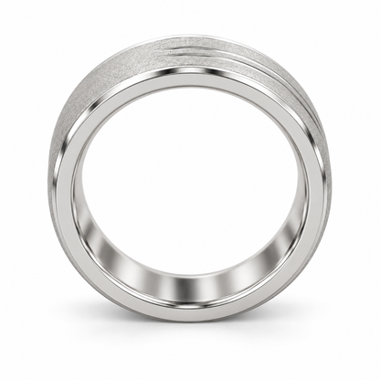 [metal:white-gold] Soren Sandblast Groove Band — top — broad matte sandblasted white gold band with two close parallel off-centre grooves near one edge, thin polished bevel borders no stones, top view [catalog-v4]