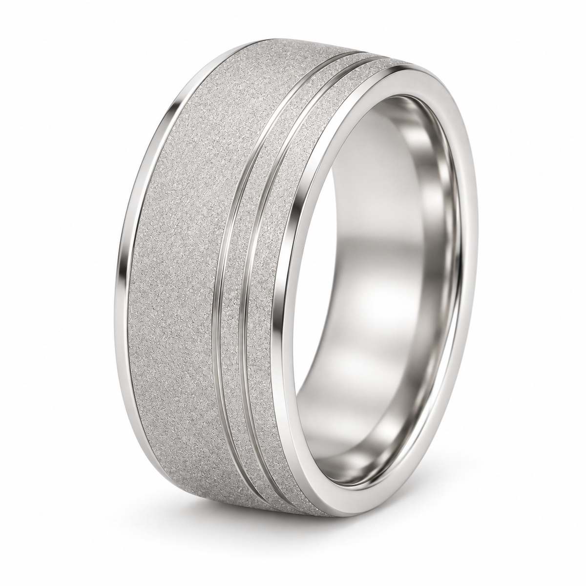 [metal:white-gold] Soren Sandblast Groove Band — three-quarter — broad matte sandblasted white gold band with two close parallel off-centre grooves near one edge, thin polished bevel borders no stones, three-quarter view [catalog-v4]