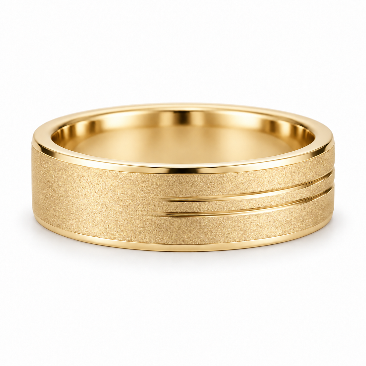 [metal:yellow-gold] Soren Sandblast Groove Band — front — broad matte sandblasted white gold band with two close parallel off-centre grooves near one edge, thin polished bevel borders no stones, front view [catalog-v4]