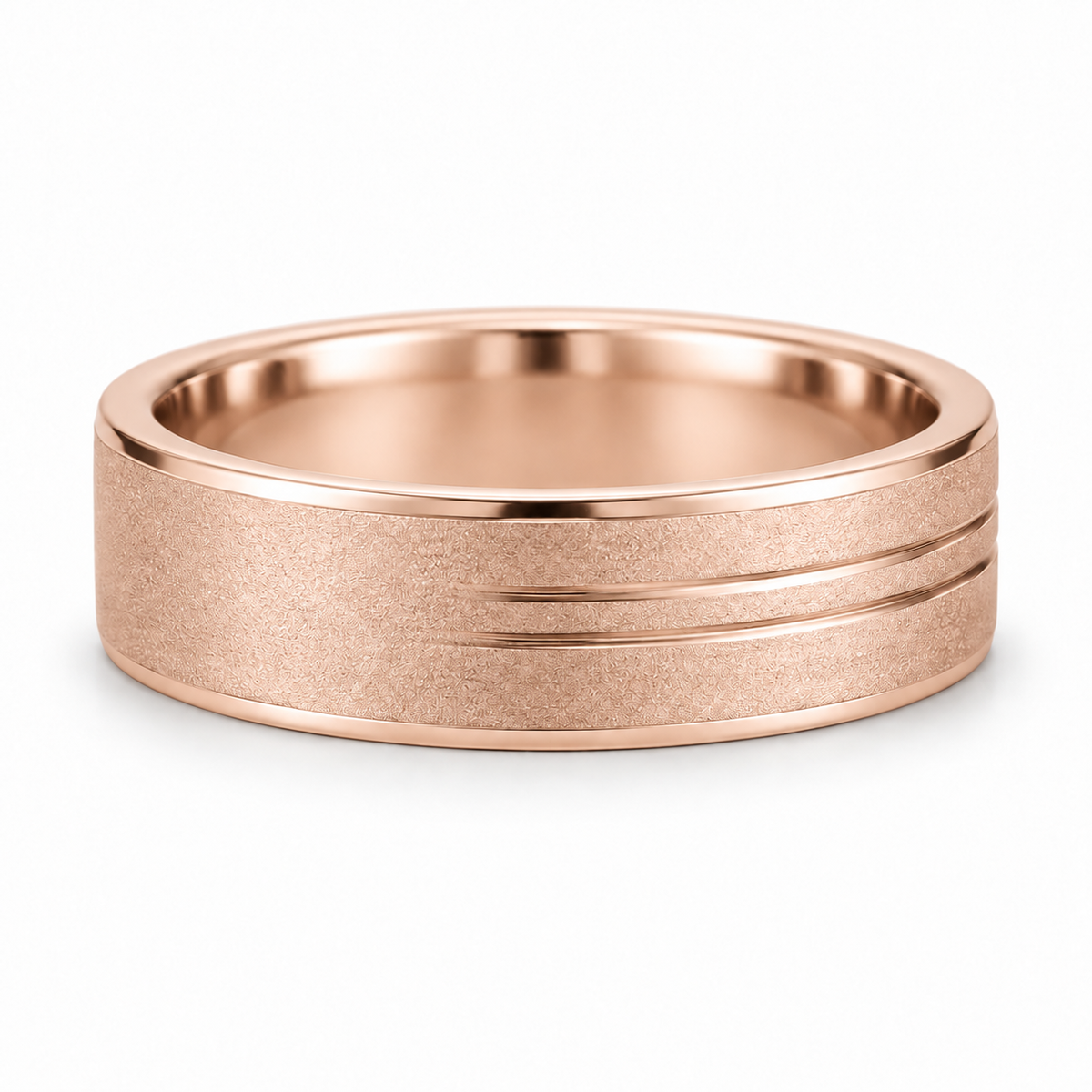 [metal:rose-gold] Soren Sandblast Groove Band — front — broad matte sandblasted white gold band with two close parallel off-centre grooves near one edge, thin polished bevel borders no stones, front view [catalog-v4]