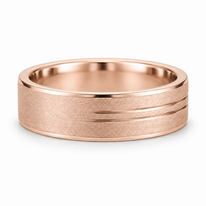 [metal:rose-gold] Soren Sandblast Groove Band — front — broad matte sandblasted white gold band with two close parallel off-centre grooves near one edge, thin polished bevel borders no stones, front view [catalog-v4]