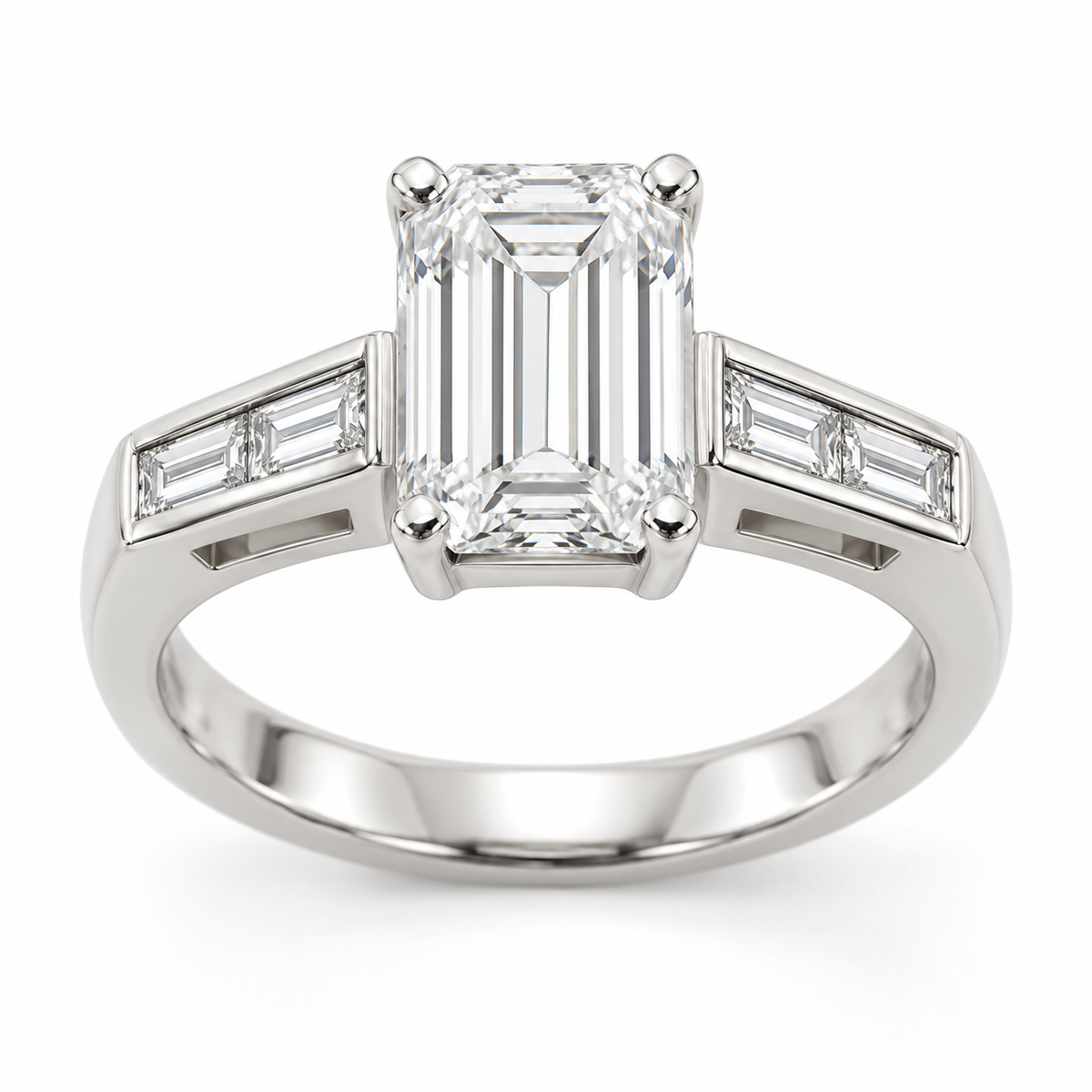 [metal:white-gold] Talisse Window Channel Setting — front — One north-south emerald-cut centre in four corner claws over a simple rectangular open basket. Each straight flat shoulder contains exactly two north-south baguette accents in one short straight channel with raised smooth rails. Beneath that channel is one small rectangular side window with a solid lower support. Plain single lower shank. Four baguette accents total. [catalog-v4]