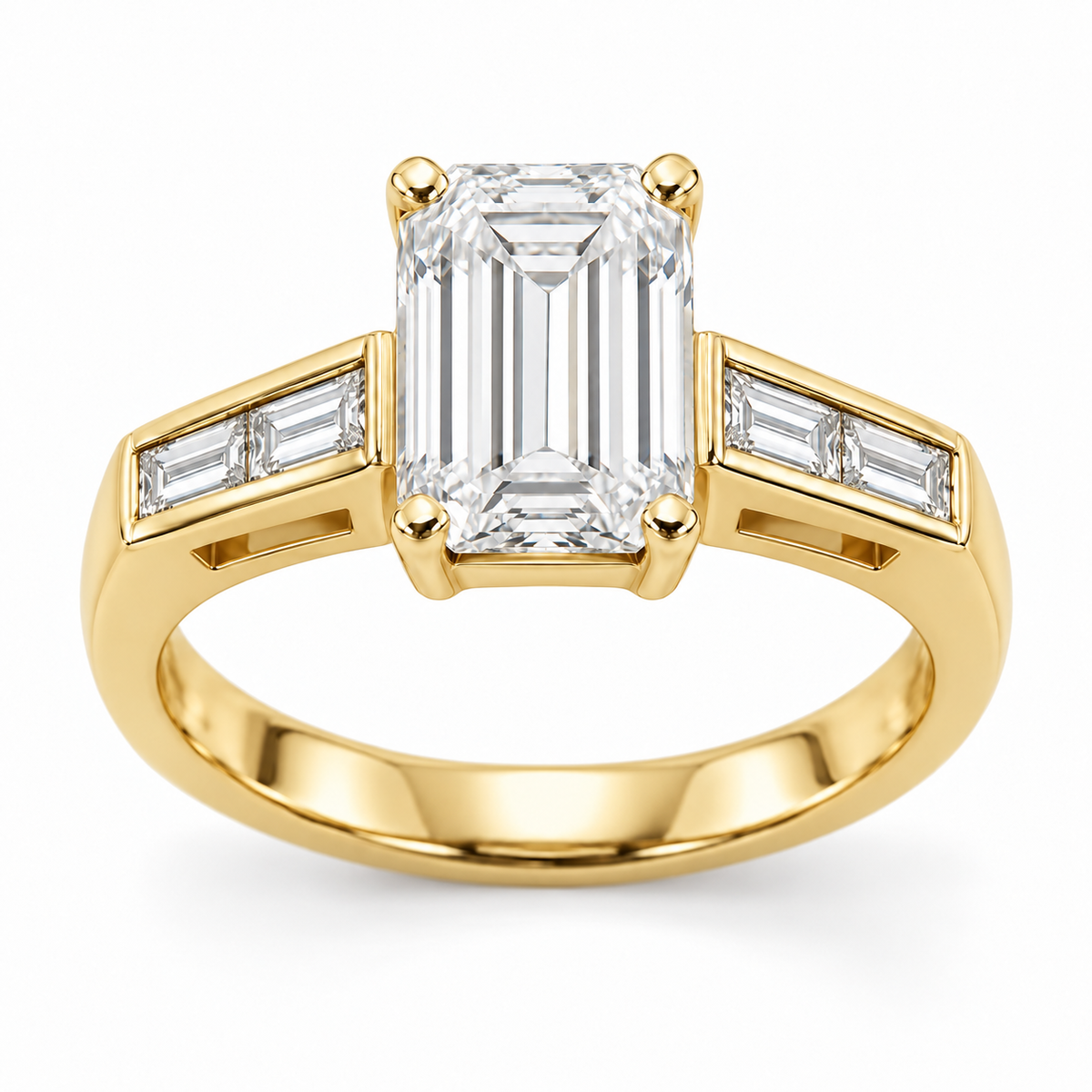 [metal:yellow-gold] Talisse Window Channel Setting — front — One north-south emerald-cut centre in four corner claws over a simple rectangular open basket. Each straight flat shoulder contains exactly two north-south baguette accents in one short straight channel with raised smooth rails. Beneath that channel is one small rectangular side window with a solid lower support. Plain single lower shank. Four baguette accents total. [catalog-v4]
