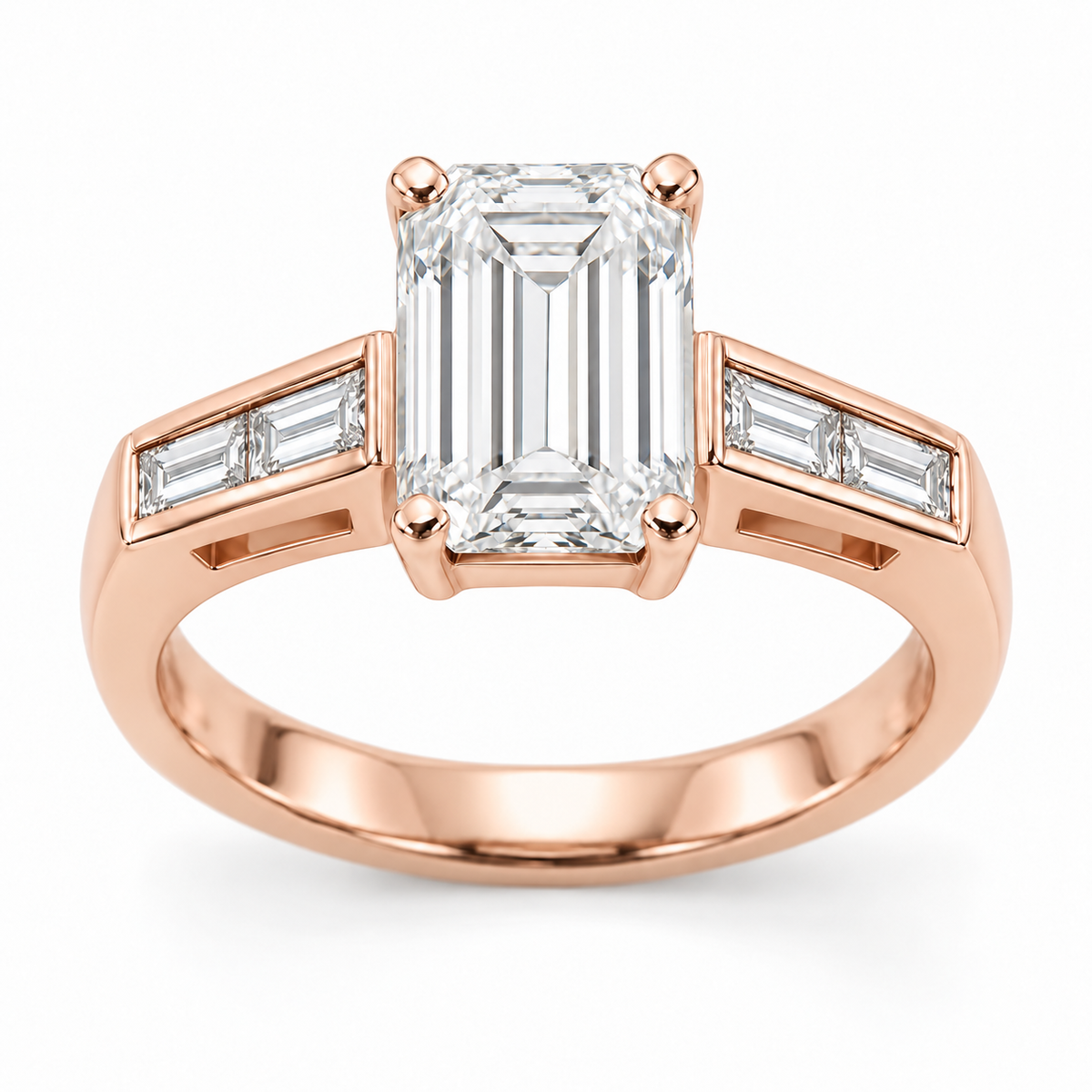 [metal:rose-gold] Talisse Window Channel Setting — front — One north-south emerald-cut centre in four corner claws over a simple rectangular open basket. Each straight flat shoulder contains exactly two north-south baguette accents in one short straight channel with raised smooth rails. Beneath that channel is one small rectangular side window with a solid lower support. Plain single lower shank. Four baguette accents total. [catalog-v4]