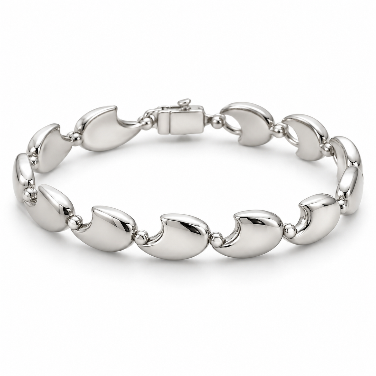 [metal:white-gold] Tavelle Crescent-Link Bracelet — front — Exactly nine identical broad polished crescent-shaped solid links, each crescent tips joined to the next by one small round connector. Crescents all face same direction along chain; clasp at rear. No diamonds. [catalog-v4]