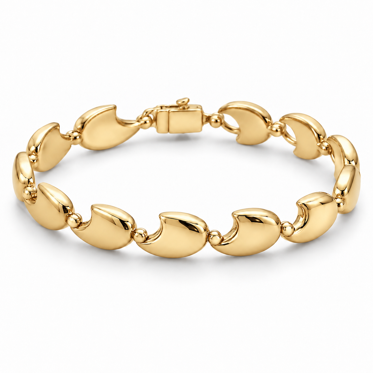 [metal:yellow-gold] Tavelle Crescent-Link Bracelet — front — Exactly nine identical broad polished crescent-shaped solid links, each crescent tips joined to the next by one small round connector. Crescents all face same direction along chain; clasp at rear. No diamonds. [catalog-v4]