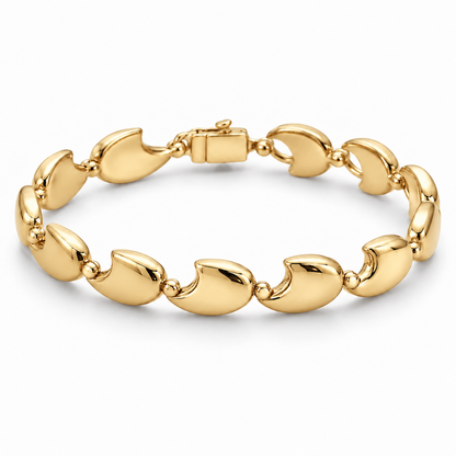 [metal:yellow-gold] Tavelle Crescent-Link Bracelet — front — Exactly nine identical broad polished crescent-shaped solid links, each crescent tips joined to the next by one small round connector. Crescents all face same direction along chain; clasp at rear. No diamonds. [catalog-v4]
