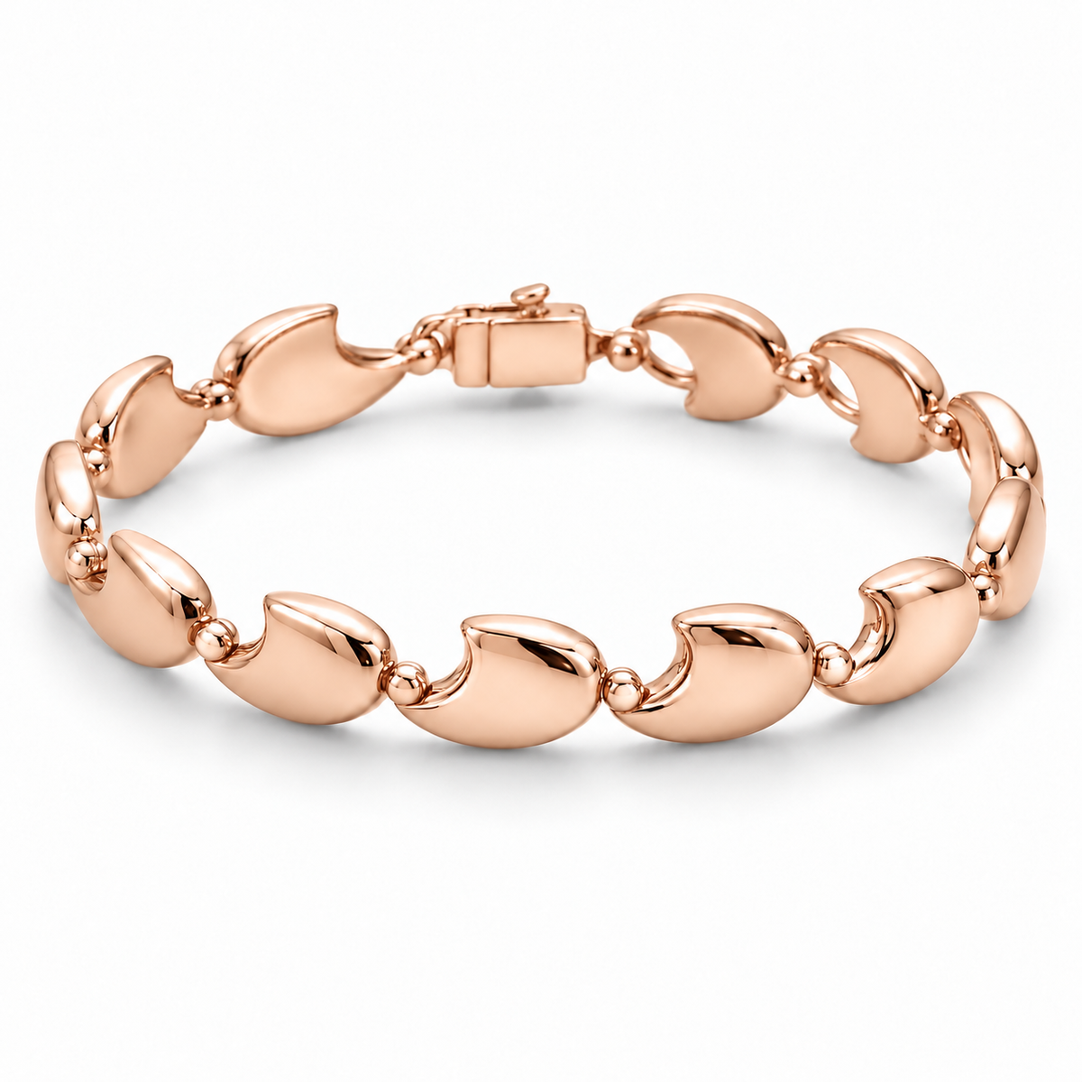 [metal:rose-gold] Tavelle Crescent-Link Bracelet — front — Exactly nine identical broad polished crescent-shaped solid links, each crescent tips joined to the next by one small round connector. Crescents all face same direction along chain; clasp at rear. No diamonds. [catalog-v4]