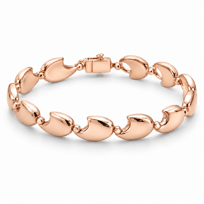 [metal:rose-gold] Tavelle Crescent-Link Bracelet — front — Exactly nine identical broad polished crescent-shaped solid links, each crescent tips joined to the next by one small round connector. Crescents all face same direction along chain; clasp at rear. No diamonds. [catalog-v4]
