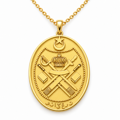 Terengganu Emblem Pendant — front, yellow gold; any chain shown is an optional styling accessory