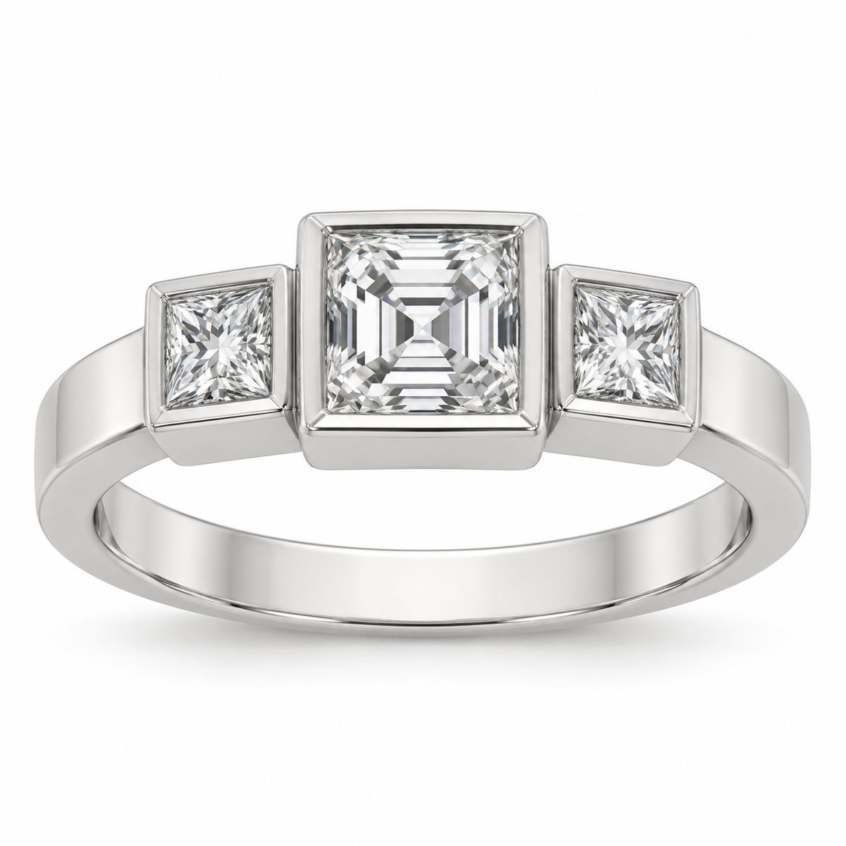 [metal:white-gold] Tessara Asscher Trilogy Setting — front — Original setting design illustration [catalog-v4]