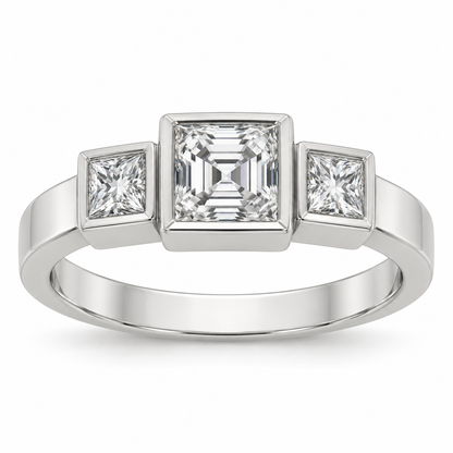 [metal:white-gold] Tessara Asscher Trilogy Setting — front — Original setting design illustration [catalog-v4]
