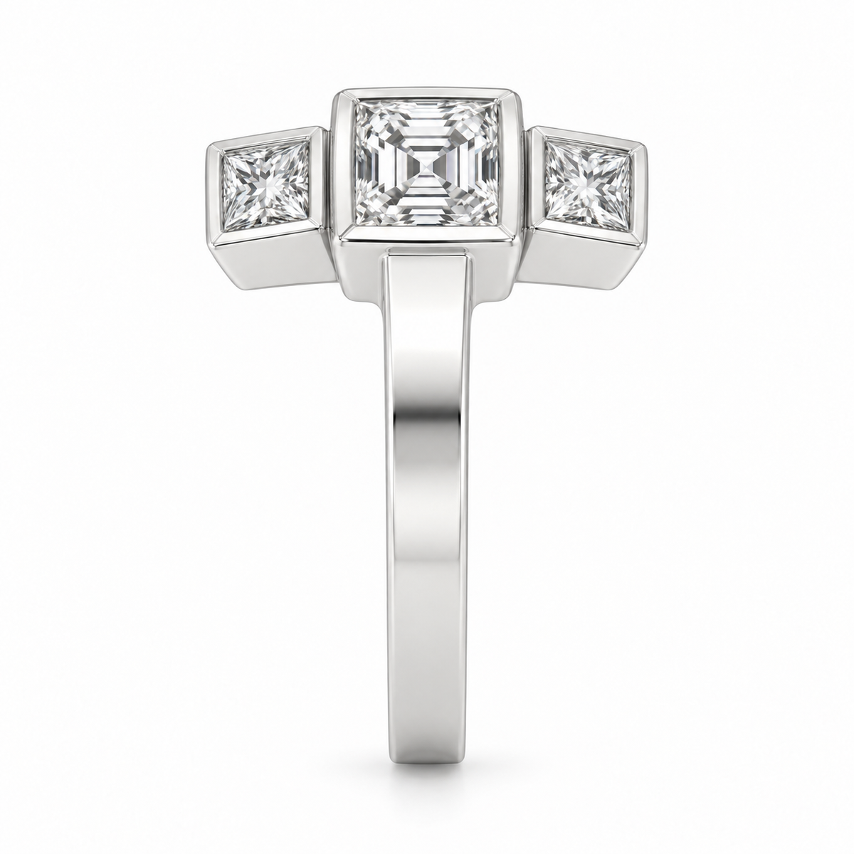 [metal:white-gold] Tessara Asscher Trilogy Setting — side-profile — Original setting design illustration [catalog-v4]