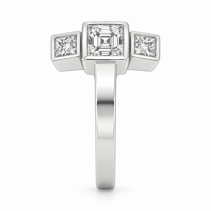 [metal:white-gold] Tessara Asscher Trilogy Setting — side-profile — Original setting design illustration [catalog-v4]