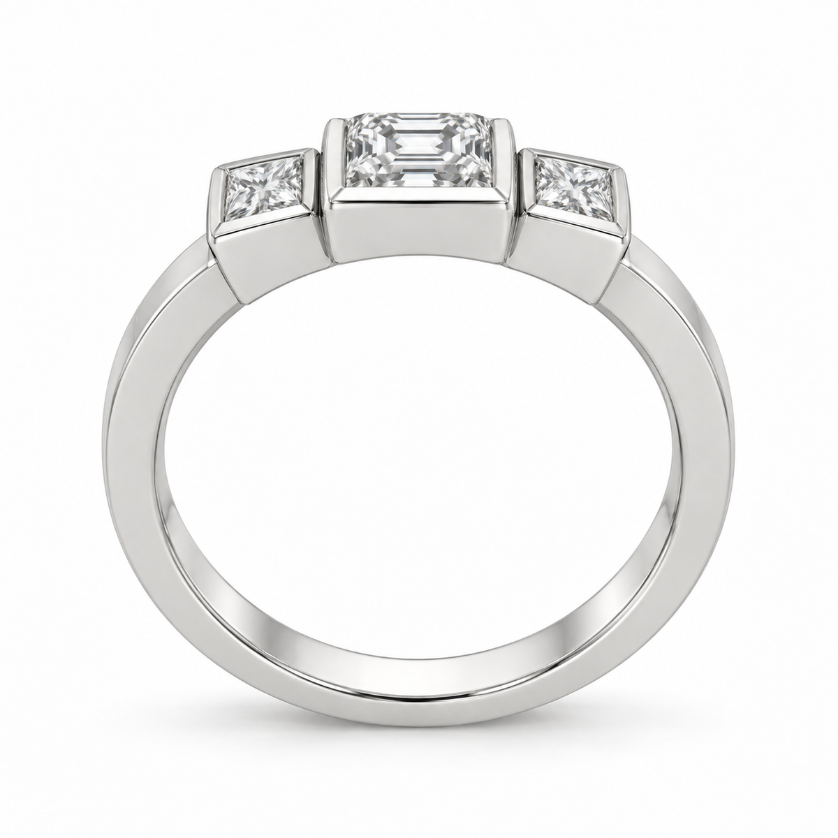 [metal:white-gold] Tessara Asscher Trilogy Setting — top — Original setting design illustration [catalog-v4]