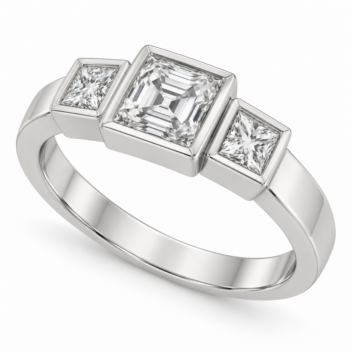 [metal:white-gold] Tessara Asscher Trilogy Setting — three-quarter — Original setting design illustration [catalog-v4]