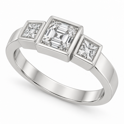 [metal:white-gold] Tessara Asscher Trilogy Setting — three-quarter — Original setting design illustration [catalog-v4]