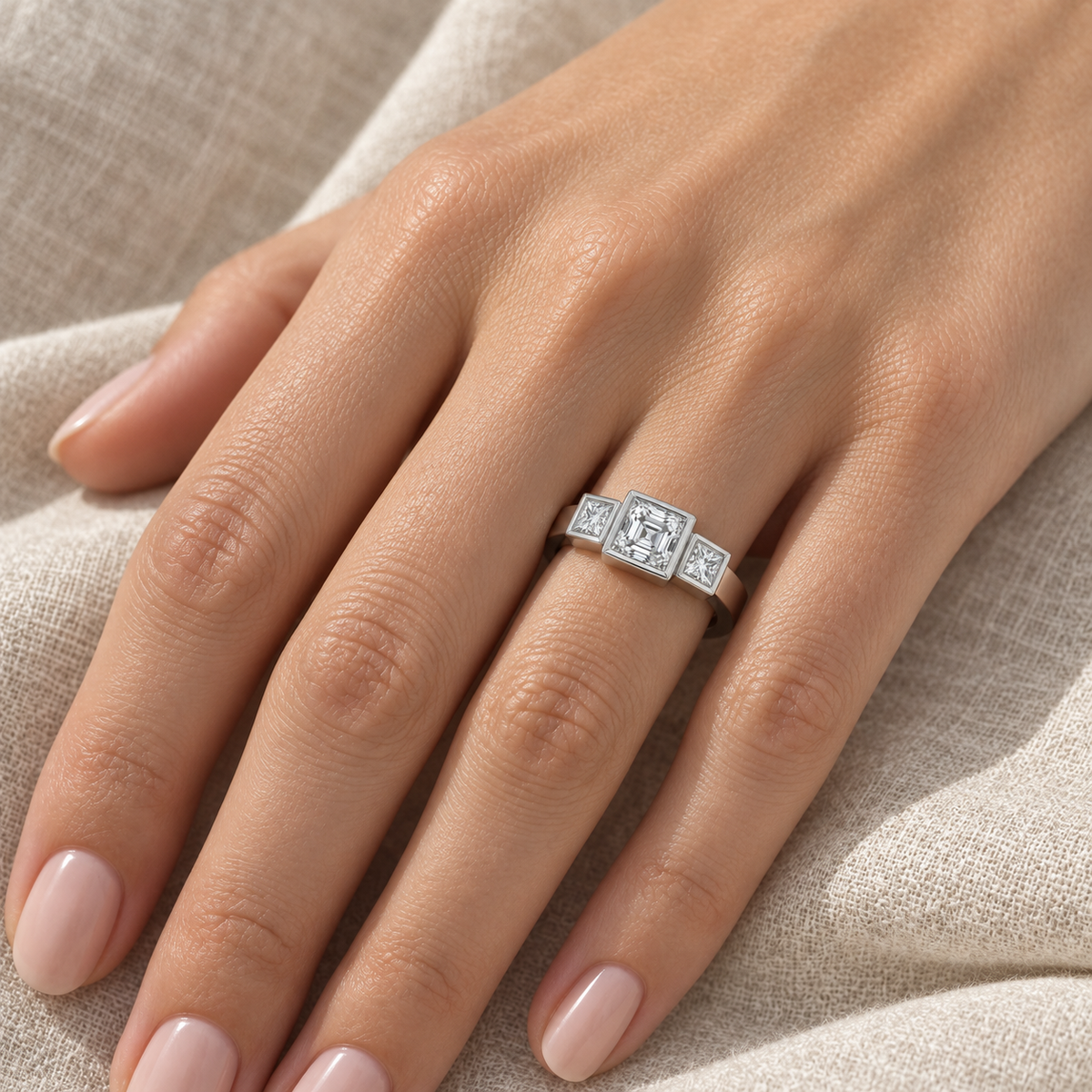 [metal:all] Tessara Asscher Trilogy Setting — worn — Human-worn styling illustration; proportions are not calibrated [catalog-v4]