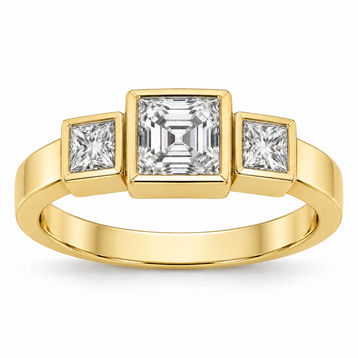 [metal:yellow-gold] Tessara Asscher Trilogy Setting — front — Original setting design illustration [catalog-v4]