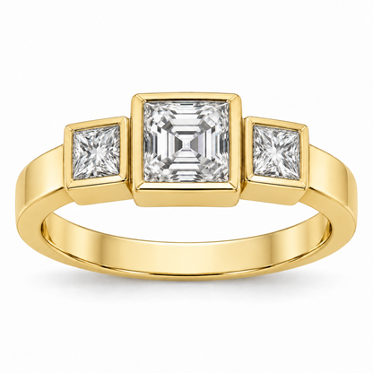 [metal:yellow-gold] Tessara Asscher Trilogy Setting — front — Original setting design illustration [catalog-v4]