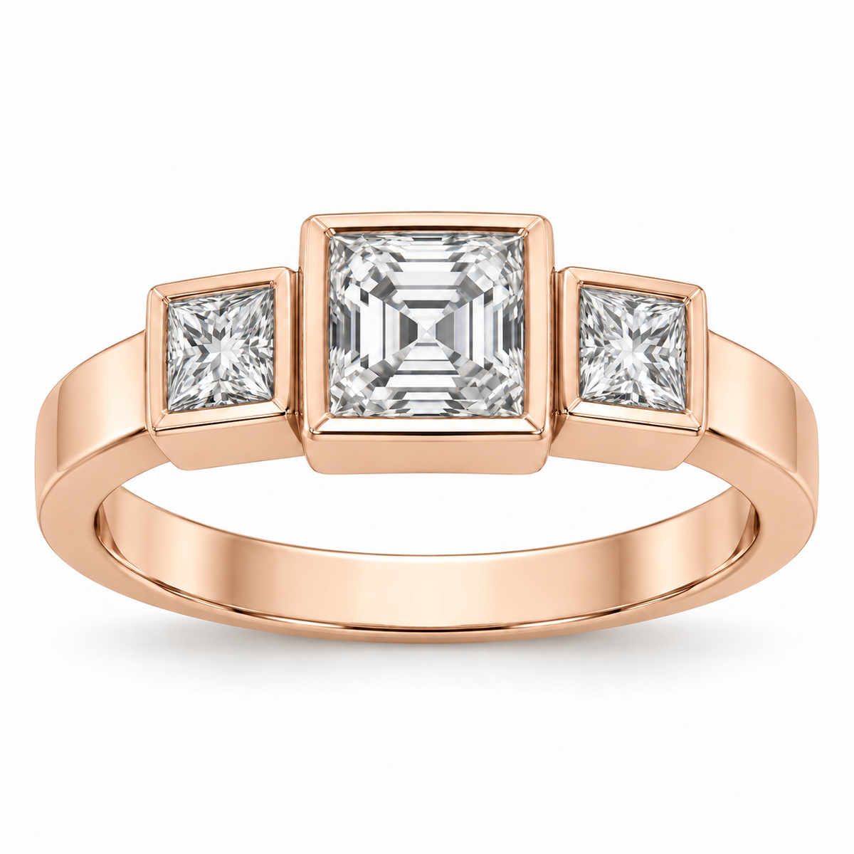 [metal:rose-gold] Tessara Asscher Trilogy Setting — front — Original setting design illustration [catalog-v4]
