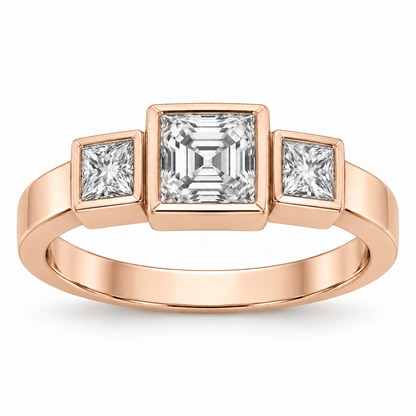 [metal:rose-gold] Tessara Asscher Trilogy Setting — front — Original setting design illustration [catalog-v4]