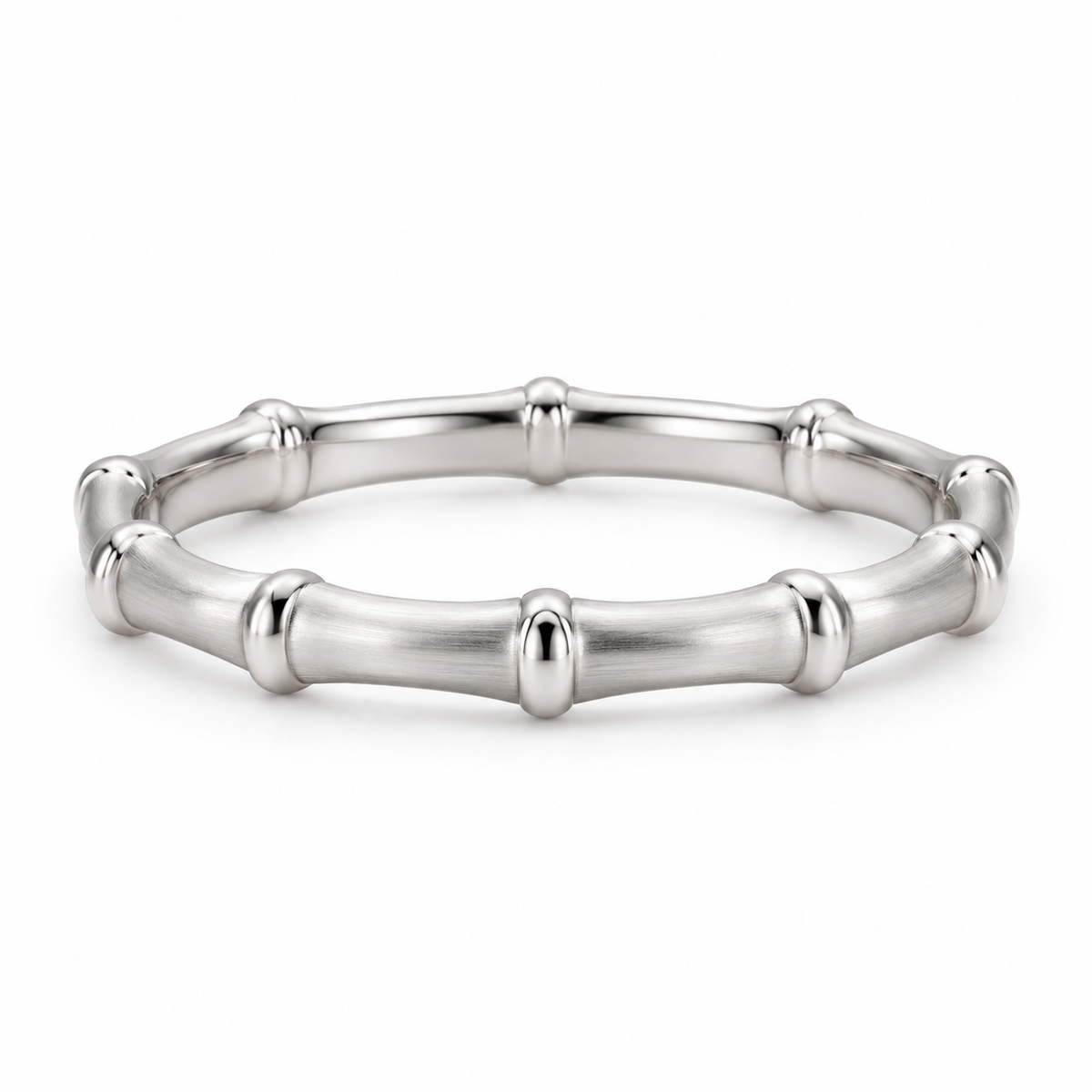 [metal:white-gold] Thalia Bamboo Band — front — slender bamboo-inspired satin rounded band with evenly spaced polished raised nodes, no stones, front view [catalog-v4]